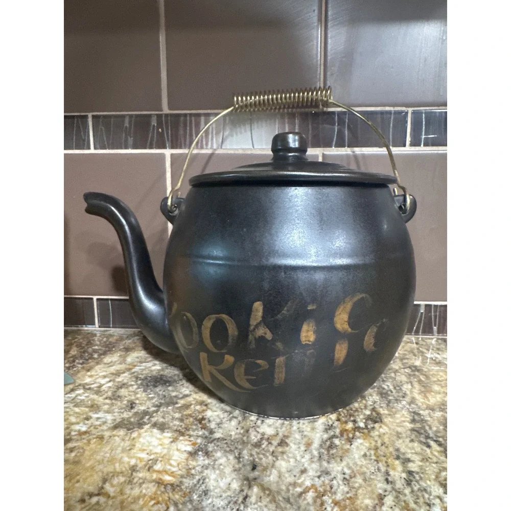Large Black Ceramic Kookie Kettle Jar Pot with Lid and‎ gold coil Handle